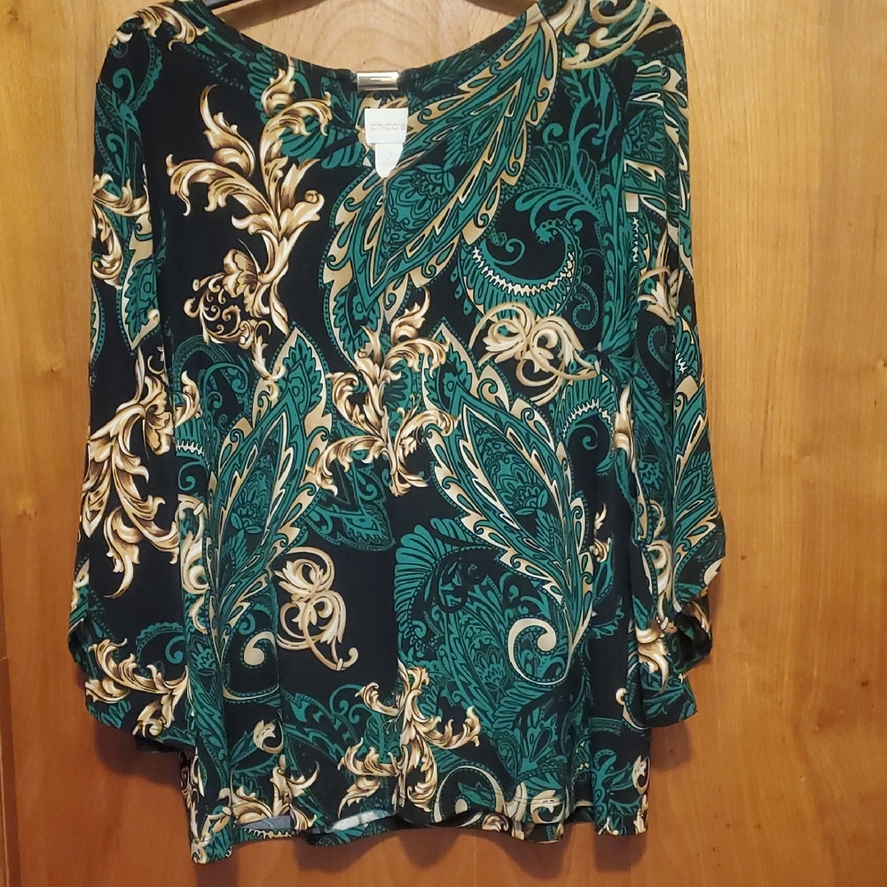 Chico's Teal, Black & Gold Paisley V-Neck Blouse